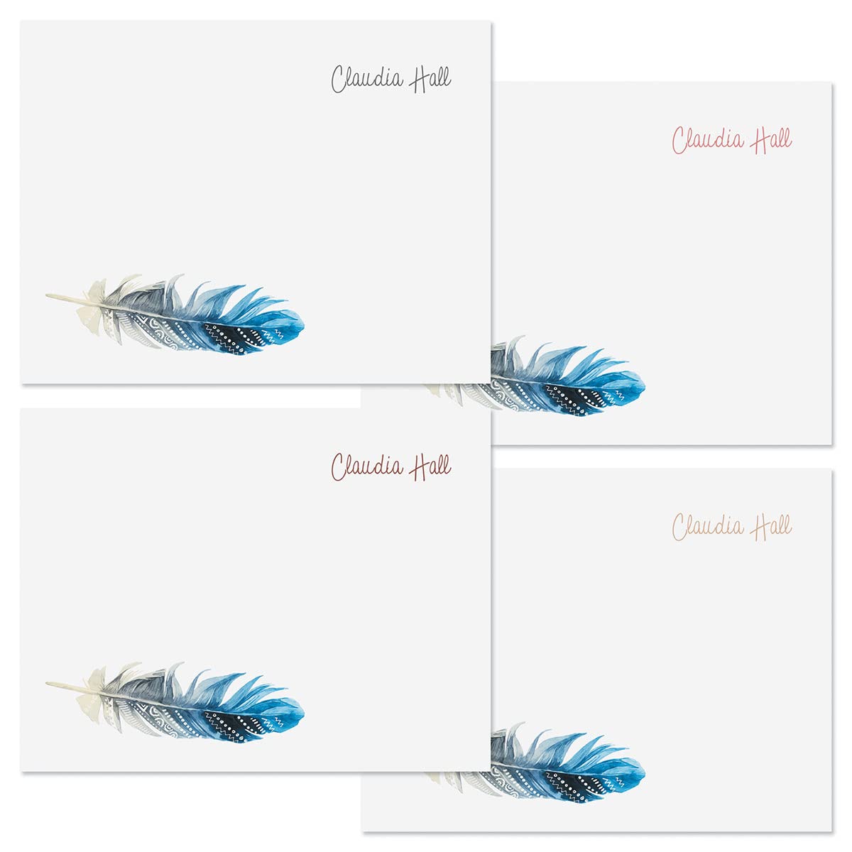 Current Boho Feather Personalized Note Cards - 24 Cards with White Envelopes, 4¼ x 5½ Inch Size, Blank Stationery, Add Names or Text, For Thank You