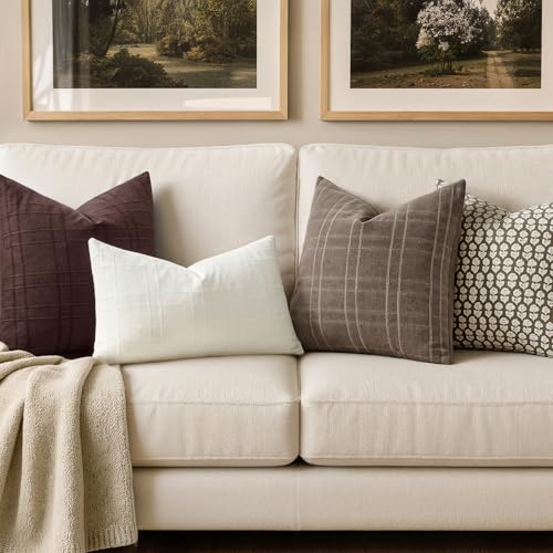 Image of MIULEE Decorative Linen Check Throw Pillow Covers Neutral Farmhouse Vintage Pillow Covers 20x20 Set of 2 Boho Modern Winter Home Decor for Sofa Couch Bedroom Cushion Dark Brown