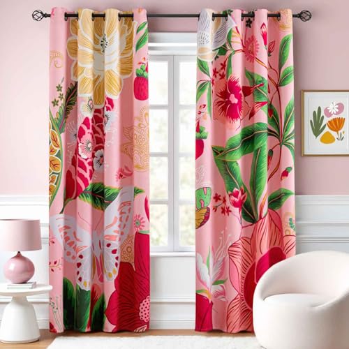 Image of Tyrot Pink Coquette Floral Grommet Blackout Curtains, 52W x 96L, 2 Panels