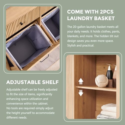 Image of IFBUY Triple Tilt Out Laundry Hamper Cabinet, Modern Fluted Trash Can Cabinet with 3 Drawers, 20 Gallon Hidden Garbage Can Cabinet w /Laundry Basket & Adjustable shelf for Bathroom,Kitchen, Natural Oak