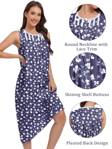 FMIRREO Cotton Nightgowns for Women Sleeveless Tank Night Gown Soft House Dress Ladies Long Nightdress Royal Blue White Flowers Large - image 5