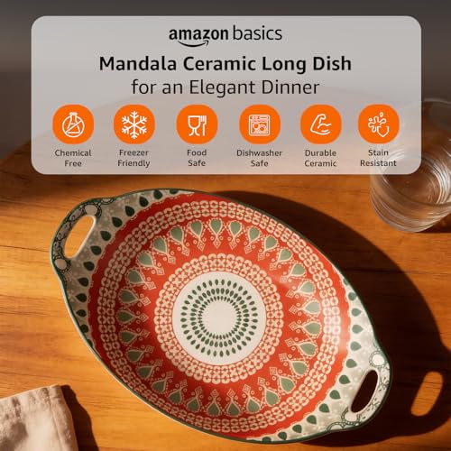 Image of Amazon Basics Mandala Ceramic Long Dish with Handles (10.8 Inch) - Elegant Oval Serving Platter for Snacks, Appetizers, Salads, and Noodles | Microwave & Dishwasher Safe (Red & Green)