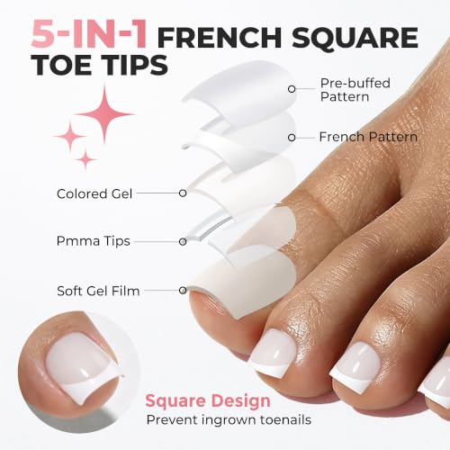Image of UNA GELLA French Press On Toenails Milky White, 15 Sizes Pre-Etched Sharp Square Toenail Press Ons With White Tip for Women, 150PCS Toenail Extension for Home DIY Salon Pedicure Summer Gift