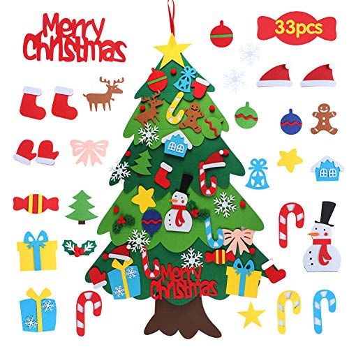 Vanansa Árbol de Navidad de fieltro, 33 piezas de árbol de Navidad de fieltro para que los niños decoren como hecho a mano de fieltro peludo, árbol de Navidad para colgar en la pared Cover