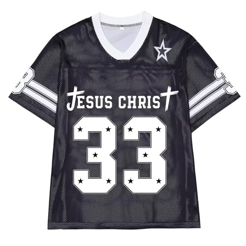 CHAIRAY Jesus Jersey Christian Football Jersey 33 Y2k Baggy Shirts Oversized V Neck Tee Tops for Women Men,Black,Medium