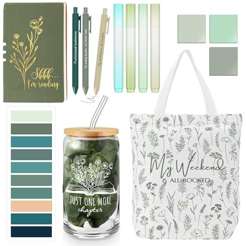 Havawish 14 Pcs Book Lovers Gifts for Women 16 oz Glass Cup Tote Bag A6 Journal Notebook Ballpoint Pens Highlighters Sticky Notes for Library Reader Bookworm Book Club(Light Green,Aesthetic)