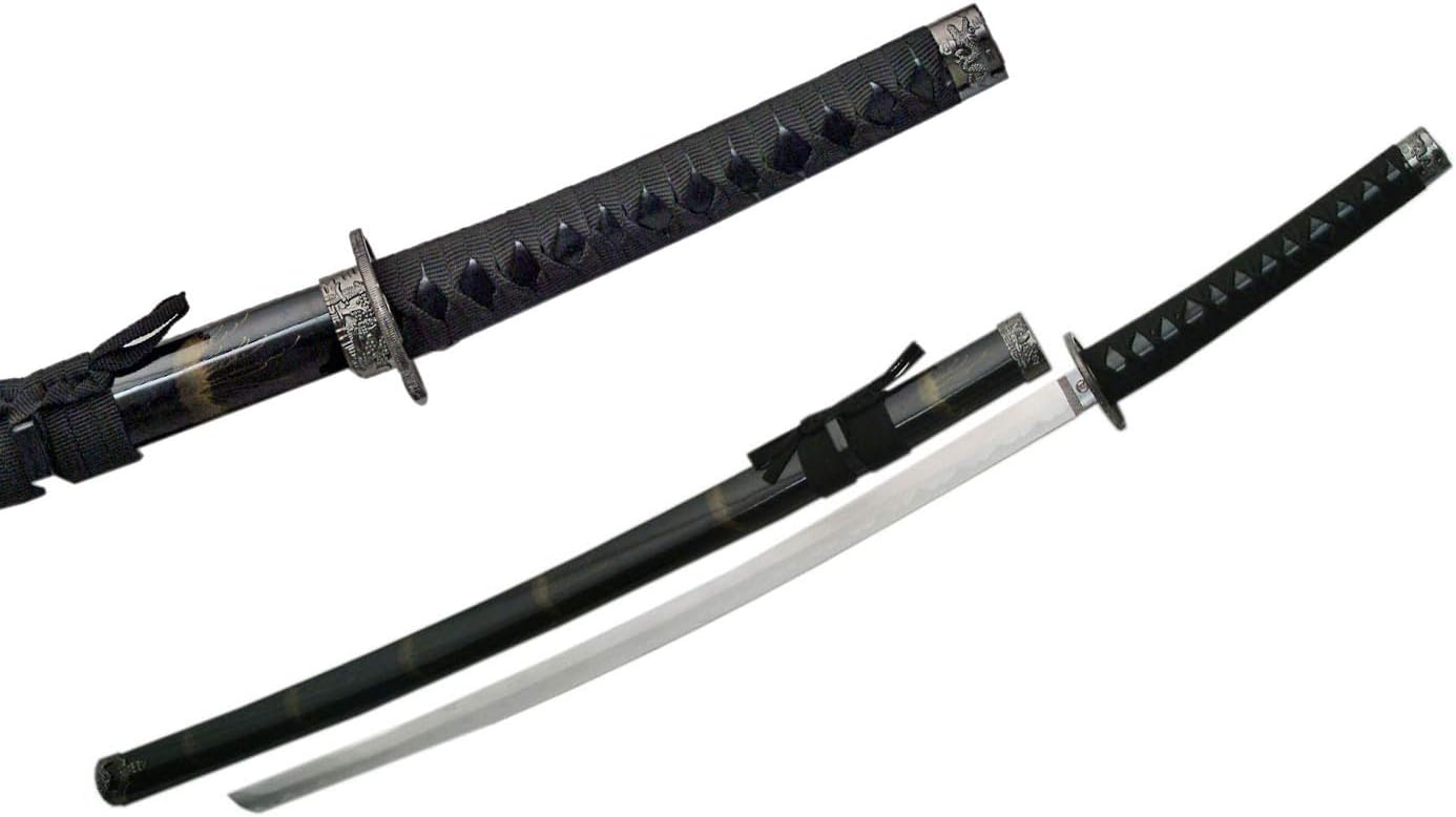 SZCO Midnight Dragon Samurai Sword – 39.5” Full Tang Real Sword Look with Black Stainless Steel Blade, Decorative Pewter Trim Scabbard, Nylon-Wrapped Handle