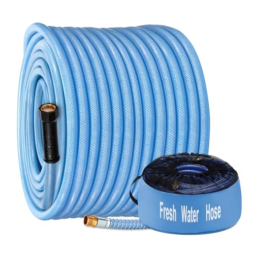Kohree 100FT Upgraded RV Water Hose 5/8 Premium Drinking Water Hose for Camper Leak Free No Kink Flexible Garden Hose 100 ft with Storage Bag Reinforced PVC Design w/Strain Relief Ends - Blue