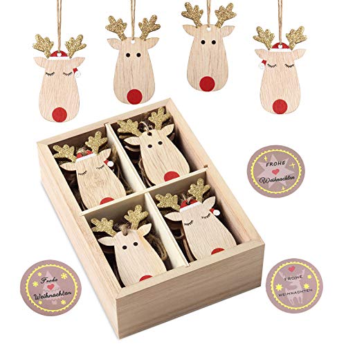 KOHMUI Holz Weihnachtsdeko Anhänger Set, Christbaumschmuck Weihnachtsbaumschmuck, Baumschmuck zum Hängen, 24 Christbaum Hirschkopf Rentier Weihnachtssnhänger mit 18 Frohe Weihnachten Aufkleber Cover