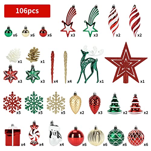 Christmas Ornaments Set, 106 pcs Shatterproof Christmas Tree Balls Decorations, Delicate Christmas Decoration Baubles Craft Set for New Year Holiday Wedding Party Xmas Parties and Office Shop Decor