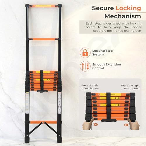 Image of Plantex 4.3m (14.10 ft.) Telescopic Ladder /Carbon Steel 11-Steps Portable & Compact Ladder /Foldable Multipurpose Collapsible Ladder for Home & Outdoor Use - (Orange)