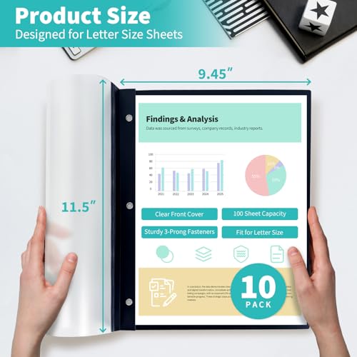 Image of Heavy-Duty Report Covers with 3 Prongs, 100-Sheet Capacity, Black, 10Pack | Plastic Report Folders with Back Covers, 3-Prong Metal Fasteners, 8.5 x 11 Inch Letter Size, for Professional Presentations