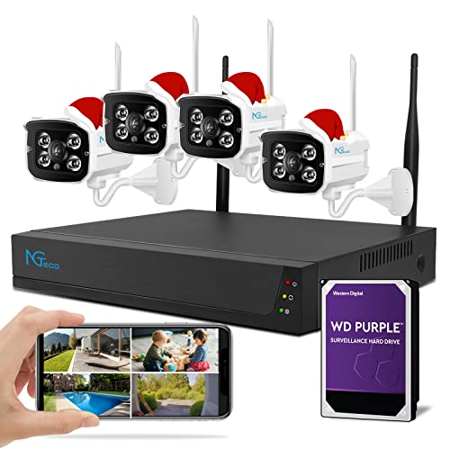 Wireless Security Camera System with Built-in 1TB HDD/2 Way Audio, NGTeco 4Pcs WiFi Video Surveillance Cameras, H.265 4CH NVR Kits with Night Vision Motion Alert Remote Access Waterproof Home Outdoor