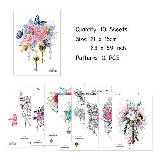 10x Flor romantica Tatuajes temporales para mujeres, Cicatriz de cubrir Maquillaje Tatuajes falsos Arte Corporal… - Imagen 3