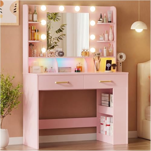 Image of COMHOMA Vanity Desk with Mirror and Light, Small Makeup Vanity with Storage Drawers & Power Outlet, 3 Lighting Modes & Adjustable Brightness, Dressing Table for Women Girls Bedroom, Pink