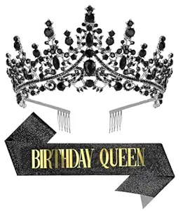 Birthday Tiara Crown with Sash for Women, Headband Hair Accessories for Wedding Party Costume Black