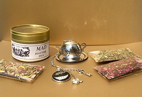 Mad Hatter Tea Party gift set, Alice in Wonderland, 3 Herbal tea samples, Tea infuser, Loose Tea Infuser, Mini Tea pot Strainer, Tea gift sets
