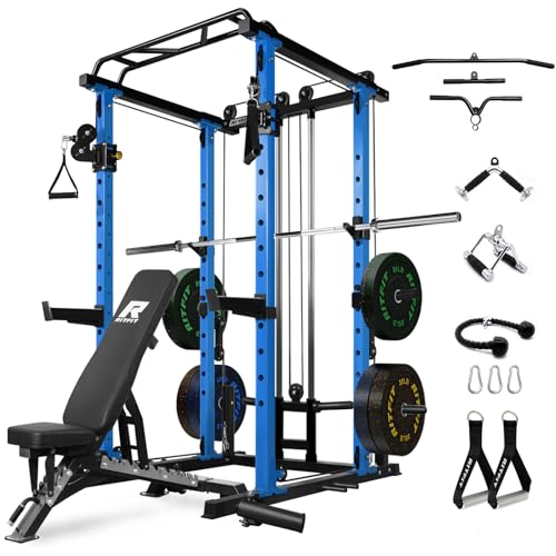 Image of RitFit Squat Rack Power Cage Home Gym Package, Includes 1000LBS Power Rack with Cable Crossover System, Weight Bench, Weight Plate Set with Olympic Barbell (Package 1.6K (Bumper Plate 230LBS))-Blue