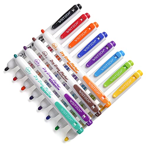 Image of WRITECH Retractable Dry Erase Markers: Fine Tip Assorted Color Low Odor Multi Colored Set Refillable Clickable Multicolor Thin Point Whiteboard Marker Bulk 12ct No Bleed Smear