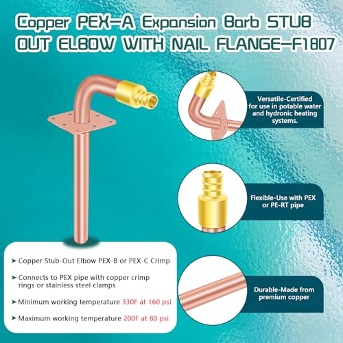 Image of Boltigen 1 /2 inch PEX Copper Stub Out Elbow 5-Pack with Wall Flange - 6 Inch, F1807 Certified with Stainless Steel Crimp Clamps for PEX-B /C Systems