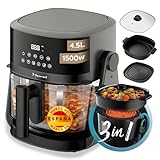 NARVI – Freidora de Aire 4,5L 1500W – Air Fryer 3 en 1 con Cazuela y Parrilla, Cocción 360°, Freidora de Aire Panel Digital Táctil, 6 Menús Automáticos, Ventana Visible, Sin BPA