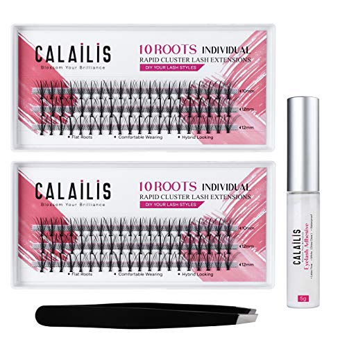 CALAILIS Cluster Lashes, Individual Lashes, DIY Lash Extension Kit, Eyelash Extensions Kit, Faux Mink Individual Eyelashes with Glue and Tweezers（0.10mm C mix, 10 roots/cluster)