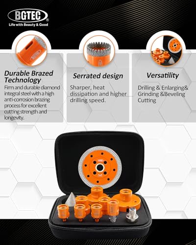 Image of BGTEC Diamond Hole Saw Kit - 10PCS 6 /8 /10 /25 /35 /50 /65mm Drill Bits & 10mm Milling Finger Bit & 50mm Chamfering Bit & HEX & 100mm Tile Blade for Porcelain Tile Ceramic Granite Marble Stoneware