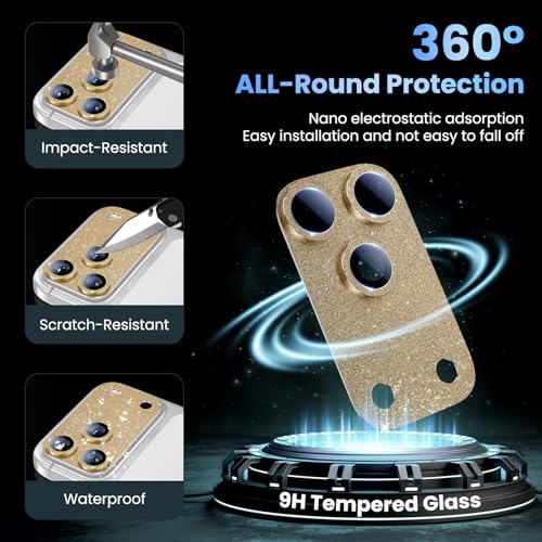 Image of Uyiton for iPhone 17-Pro Camera-Lens Protector: Bling [Not Easy to Break][Strong Adsorption][Case-Friendly] Metal Tempered Glass Rear Camera Screen Cover - Glitter Gold