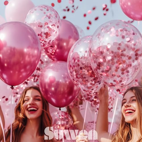 Image of SUWEN Pink Metallic and Confetti Balloons Set 47PCS Hot Pink Latex | Helium Chrome Balloon for Birthday Graduation Anniversary Wedding Party Decorations