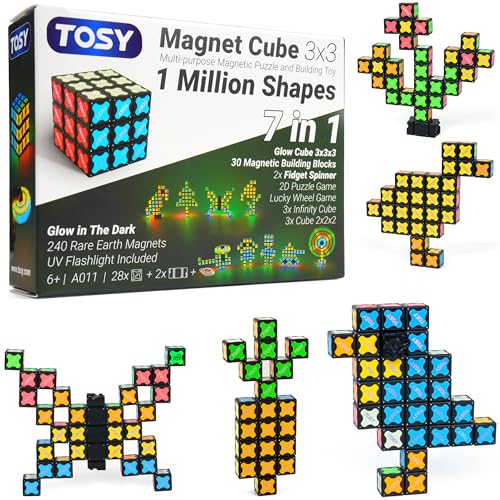 TOSY Magnet Cube 3x3-240 aimants, 30 Blocs, Jouet 7-en-1: Cube Puzzle, Blocs créatifs, Hand Spinner Transformable, Cube Infini, tuiles magnétiques, Lampe UV,...