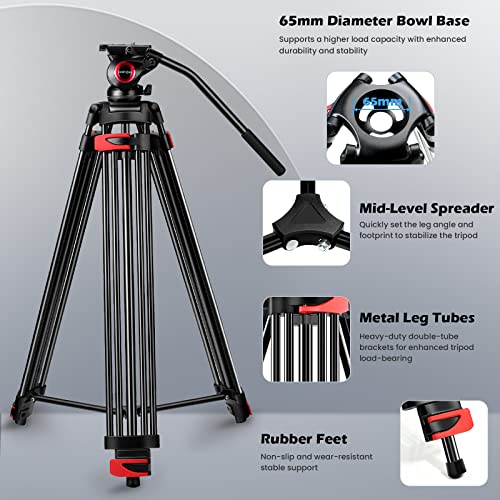 80" /203Cm Video Tripod Heavy Duty Tripod With 360° Fluid Head,Mactrem Aluminum Tall Tripods Professional Compatible With Canon Nikon Sony Dslr Camera Camcorder Telescope Bnoculars (Load 33Lb) #TOP6