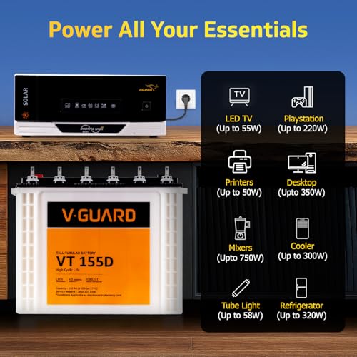 Image of V-Guard Solar Inverter & Battery Combo (1200 s IoT Sine Solar Inverter with Tall Tubular 150Ah Battery) for Home, Office & Shops