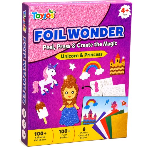 Image of TOYJOS Unicorn & Princess Foil Art and Craft Kit for Kids | No Mess No Glue DIY Activity | 220+ Pieces with Large Canvas | Screen-Free Creative Toy | Birthday Gift & Travel Toy for Girls Boys Ages 4 5 6 7 8 9