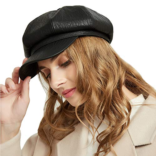 8 Panels Newsboy Caps for Women, PU Leather Cabbie Hat Gatsby Ivy Beret with Visor (Black)