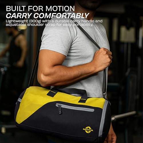 Image of Nivia Fuse Gym Duffle Bag for Men and Women, 25L Lightweight Training and Travel Bag with Shoe Compartment, Quick Access Pockets, and Adjustable Strap, Designed for Athletes, Travel (Black /Yellow)