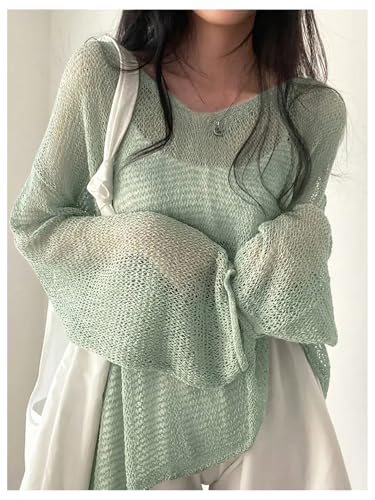 MakeMeChic Women's Boat Neck Bell Sleeve Sweater Sheer Loose Fit Knitted Pullover Top2