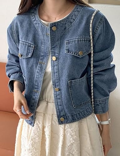 Omoone Women's Denim Jacket Long Sleeve Crop Button Down Collarless Jean Coat with Pocket3