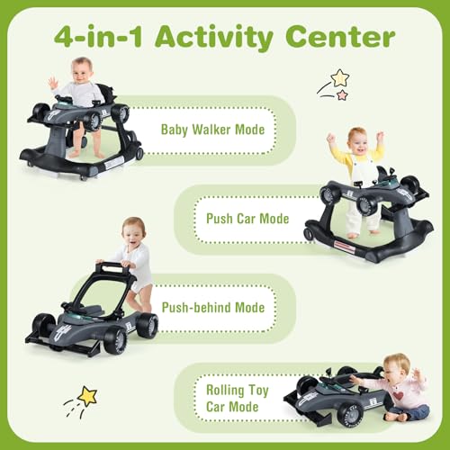 Image of GLACER Foldable Baby Walker, 4-in-1 Infant Walker with Adjustable Height & Speed, Music, Light, Steering Wheel & Washable Cushion, Baby Walker Activity Center for Boys Girls 6 -18 Months (Gray)