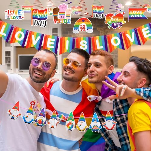 Image of Gay Pride Rainbow Party Decorations - Hanging Swirls & Banners, Love is Love Pride Month Decor for Lesbian Bisexual Transgender LGBTQ Home Office(44PCS)