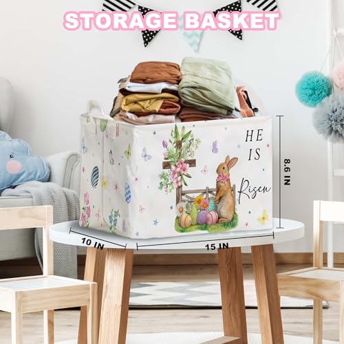 Image of Eggs Rabbit Easter Basket, Butterfly Bow Baby Gift Basket, Cross Flower Empty Toy Nursery Bin, Large Squarecanvas Laundry Hamper With A Waterproof PECoating, Foldable girlsToy Clothes Bins for Bedroom