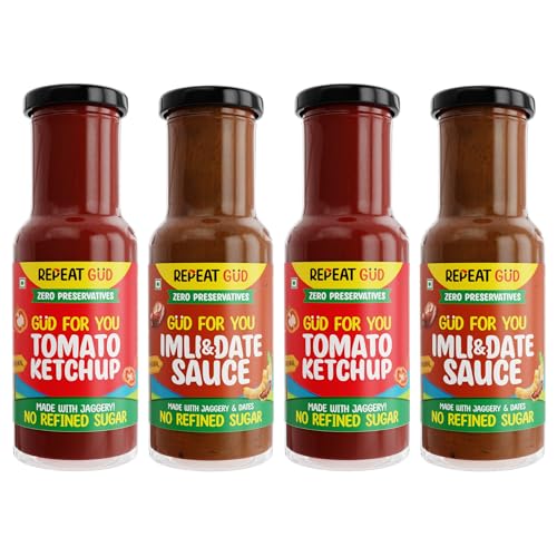 Image of REPEAT GUD Healthy Sauces (Tomato Ketchup, Imili & Dates Sauce) | No Refined Sugar, Made With Jaggery | No preservatives | GUD For Kids | 100% Natural Ingredients & Chemical free (Pack of 4)