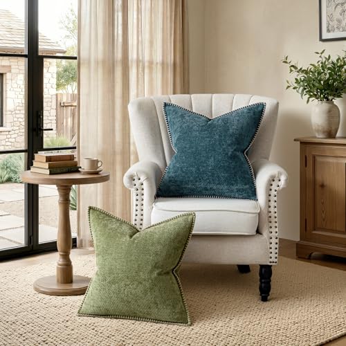 Image of a moment Pack of 2 Decorative Chenille Throw Pillow Covers with Twill Cushion Covers for Sofa Living Room Couch Bed 20x20 Inch,Crafted Border Dark Teal