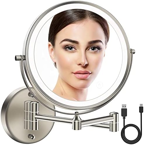 ACOLAR 8″ Rechargeable Wall Mounted Makeup Mirror with Lights LED 10x Wall Makeup Vanity Mirror Double Sided,Touch Button and Adjustable Light,Shaving Makeup in Bedroom or Bathroom