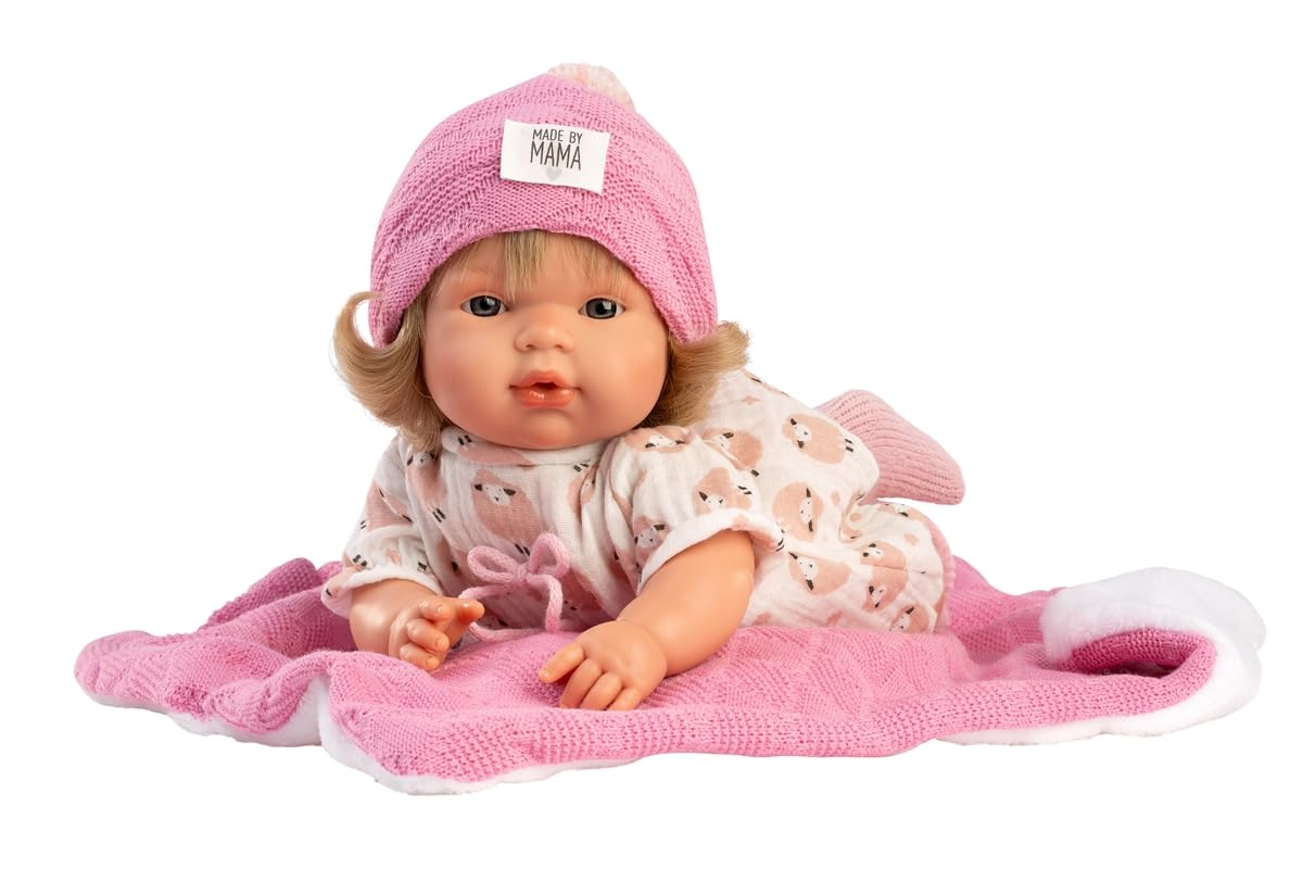 Llorens 1038572 Puppe Lola, mit grauen Augen und blonden Haaren, Babypuppe mit weichem Körper, inkl. Strickoutfit mit Mütze und rosa Kuscheldecke, 38 cm