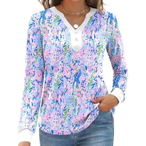 Blingfit Womens V Neck Shirts Long Sleeve Loose Fitting Henley Tops Casual Fall Long Sleeve Pullover Sweater 3XL Light Blue Print Cover