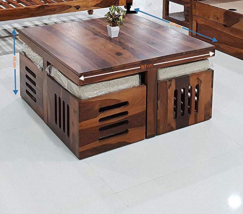 Image of Mamta Decoration Sheesham Wood Coffee Table for Living Room with 4 Stools | Center Table (Off White Cushion)