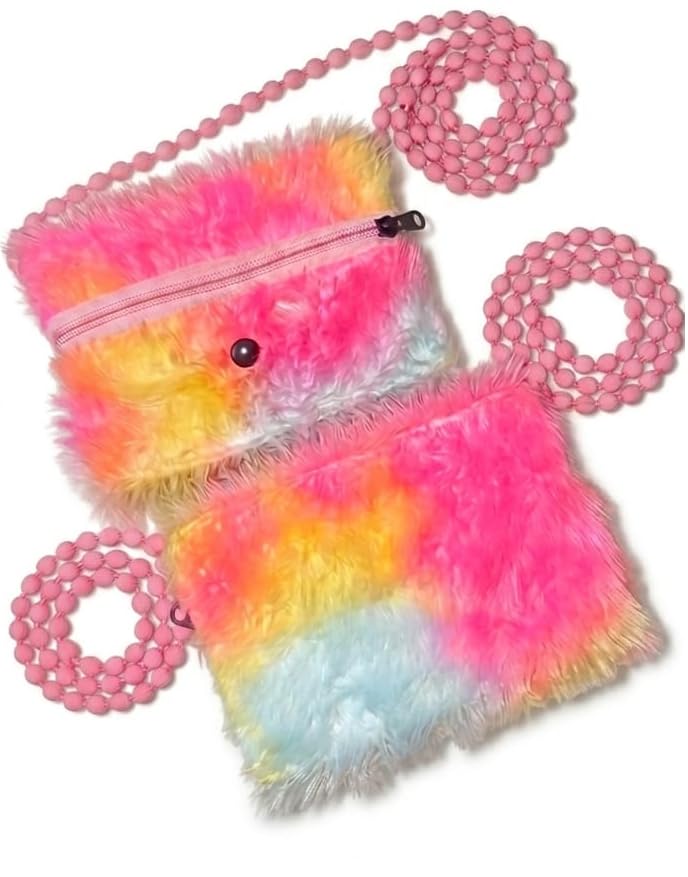 women's rainbow tie-dye plush purse | faux fur mini fashion bag with decorative beaded chain | pack of 1