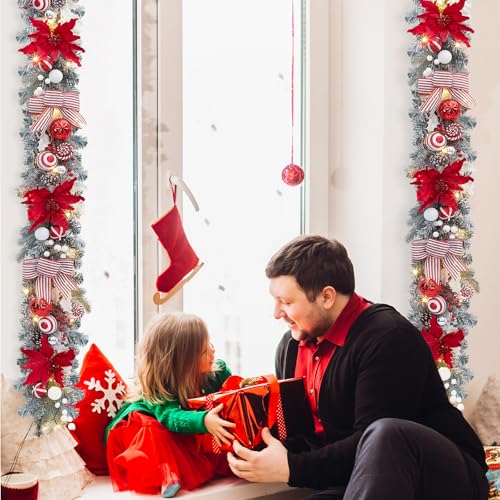 GarveeHome 6 Ft Pre-Lit Christmas Garland with Lights, Battery Operated Xmas Garland with 20 Lights Ball Ornaments Ribbons Bows for Mantle Table Centerpiece Indoor Outdoor Home Decor, Red and White