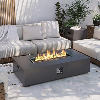 UPHA 56-inch Outdoor Propane Gas Fire Pit Table 50000 BTU Iron Rectangle FirePit for Outside Patio with Tank Hidden Table, Wind Guard, Removable Lid, Lava Rocks, Rain Cover, Grey