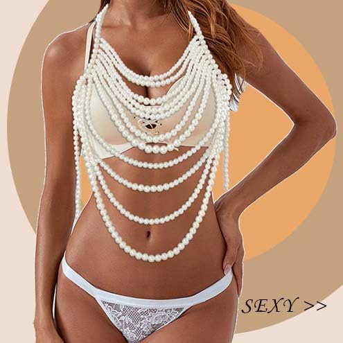 CanB Pearl Body Chain Shoulder Necklace Pearl Top Bikini Sexy Bra ChainPearls Shoulder Chains Bra Chain Jewelry for Women Rave Nightclub Party Body Accessories (B)3